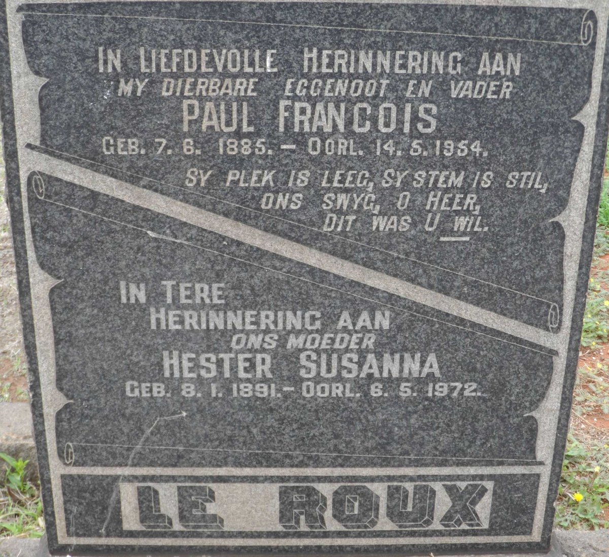 ROUX Paul Francois, le 1885-1954 &amp; Hester Susanna 1891-1972
