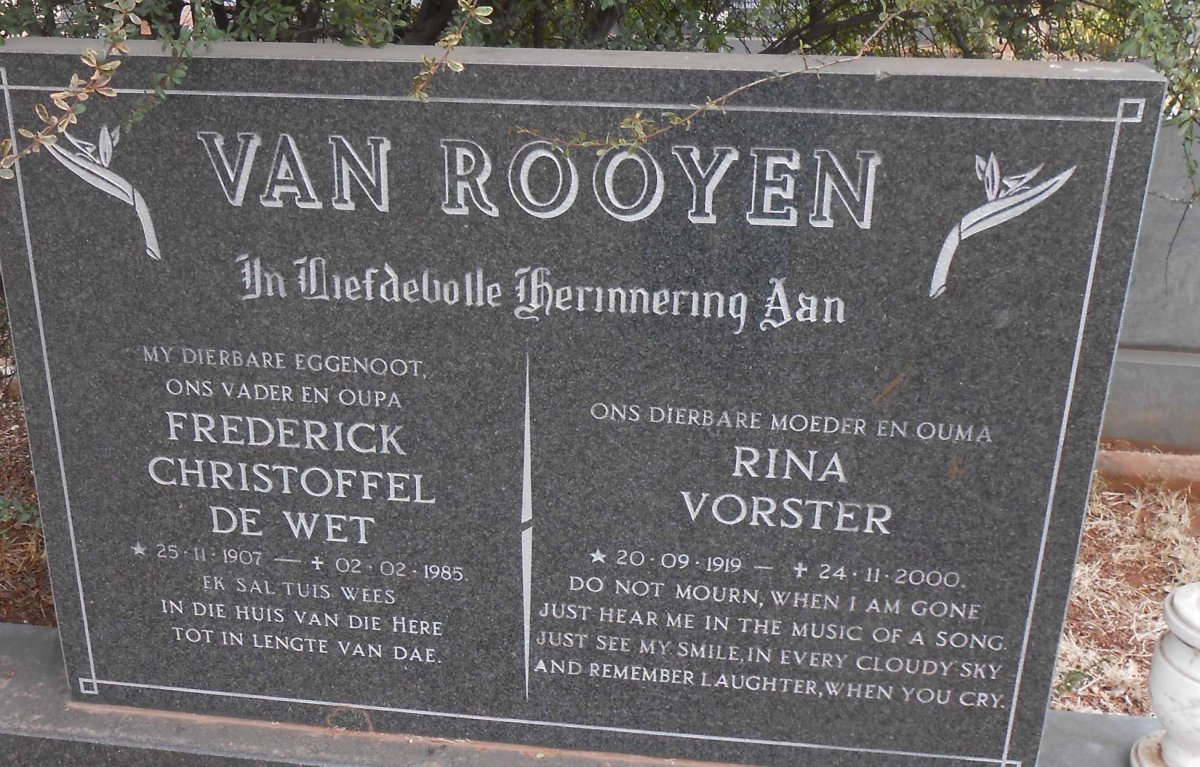 ROOYEN Frederick Christoffel de Wet, van 1907-1985 &amp; Rina VORSTER 1919-2000