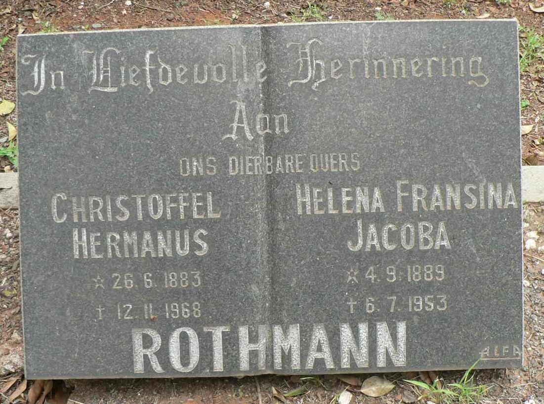 ROTHMANN Christoffel Hermanus 1883-1968 &amp; Helena Fransina Jacoba 1889-1953