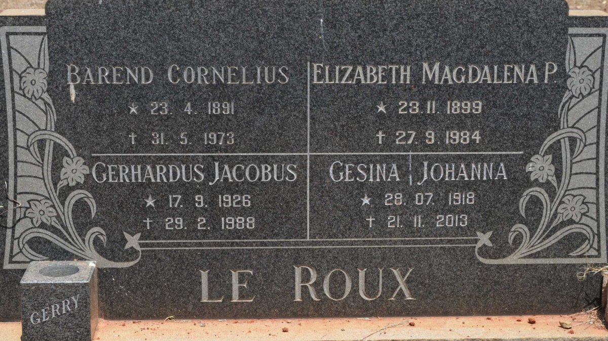 ROUX Barend Cornelius, le 1891-1973 &amp; Elizabeth Magdalena 1899-1984 