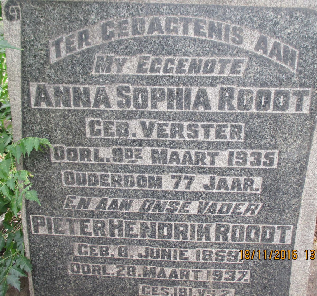 ROODT Pieter Hendrik 1859-1937 &amp; Anna Sophia VERSTER -1935
