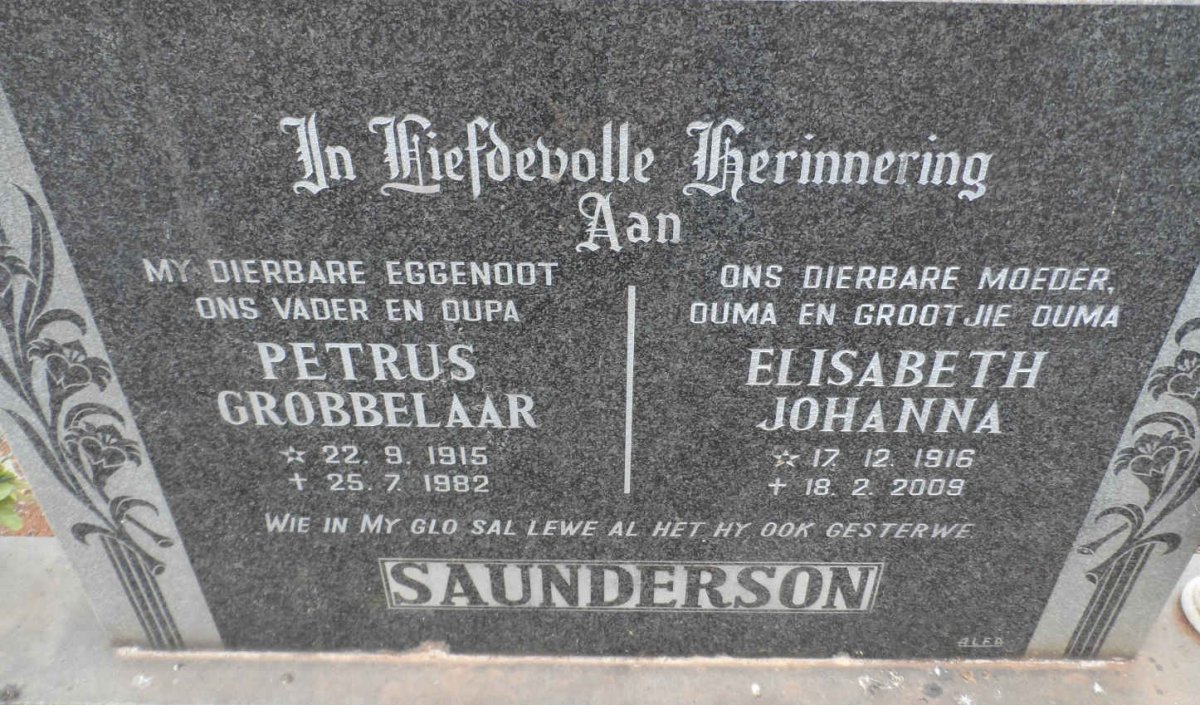 SAUNDERSON Petrus Grobbelaar 1915-1982 &amp; Elisabeth Johanna 1916-2009