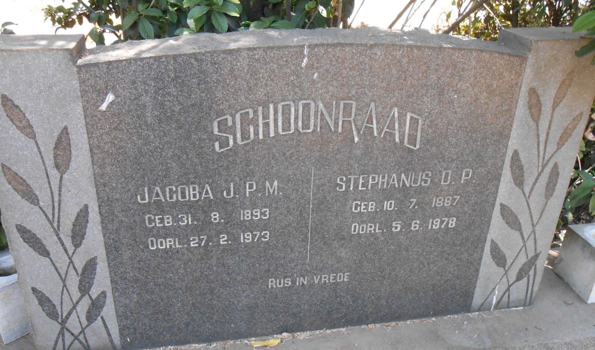 SCHOONRAAD Stephanus D.P. 1887-1978 &amp; Jacoba J.P.M. 1893-1973