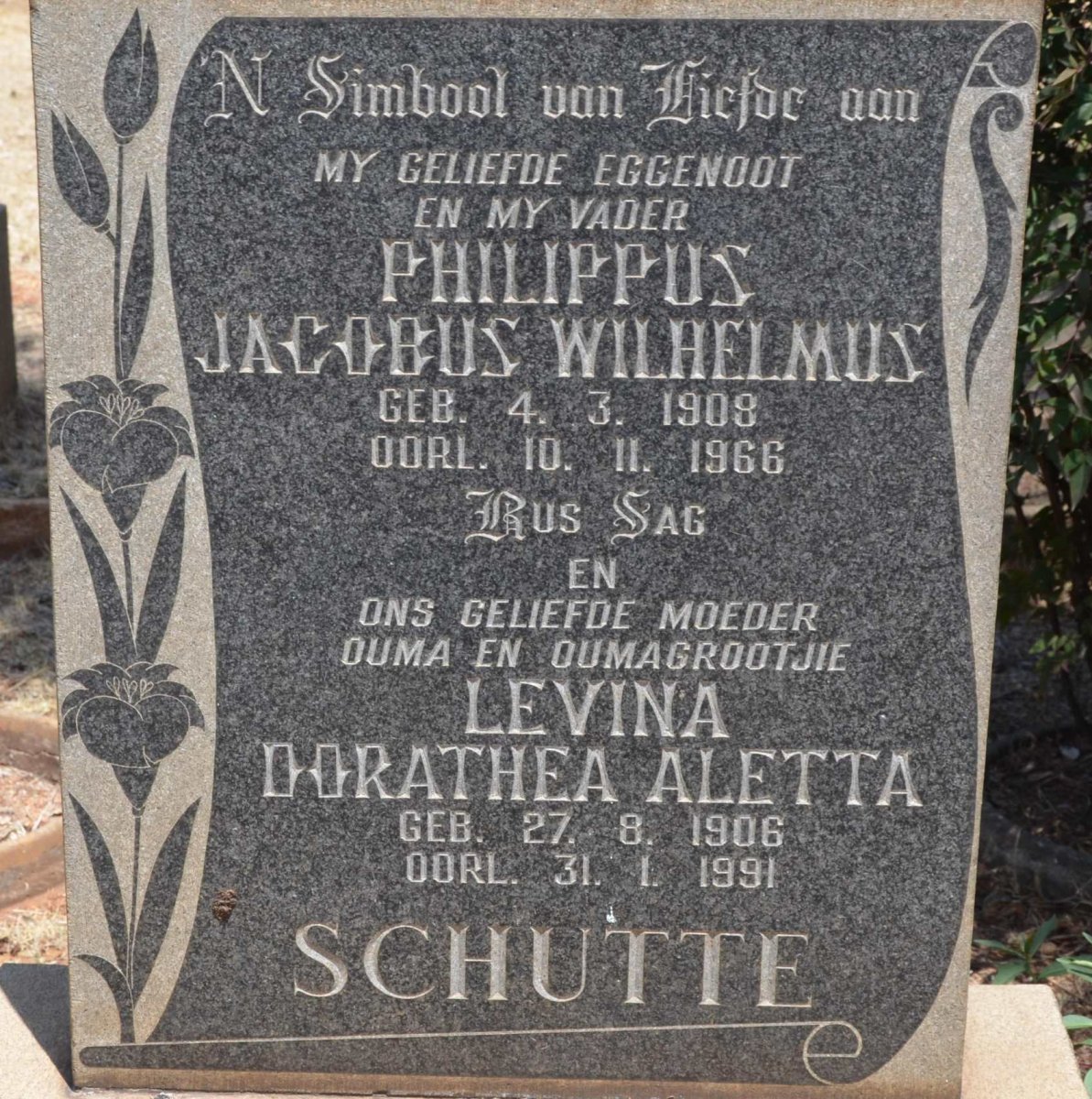 SCHUTTE Philippus Jacobus Wilhelmus 1908-1966 &amp; Levina Dorathea Aletta 1906-1991