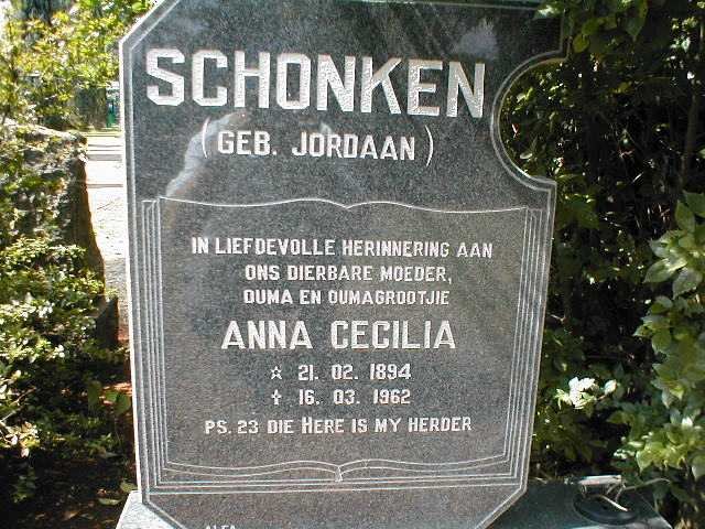 SCHONKEN Anna Cecilia nee JORDAAN 1894-1962