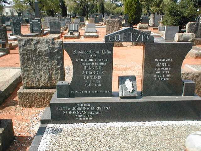 SCHOEMAN Aletta Johanna Christina nee SMIT 1872-1950 :: COETZEE Henning Johannes Hendrik 1911-1976 &amp; Martie 191?-1996