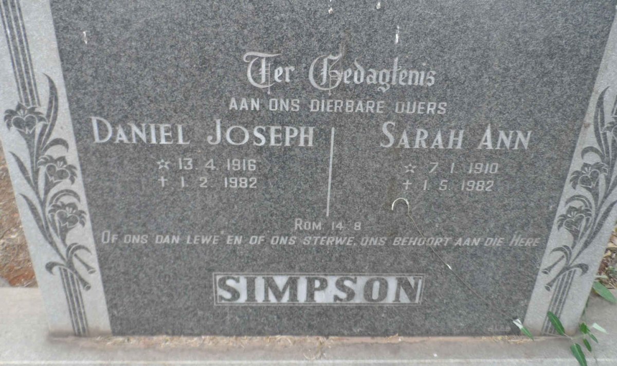 SIMPSON Daniel Joseph 1916-1982 &amp; Sarah Ana 1910-1982