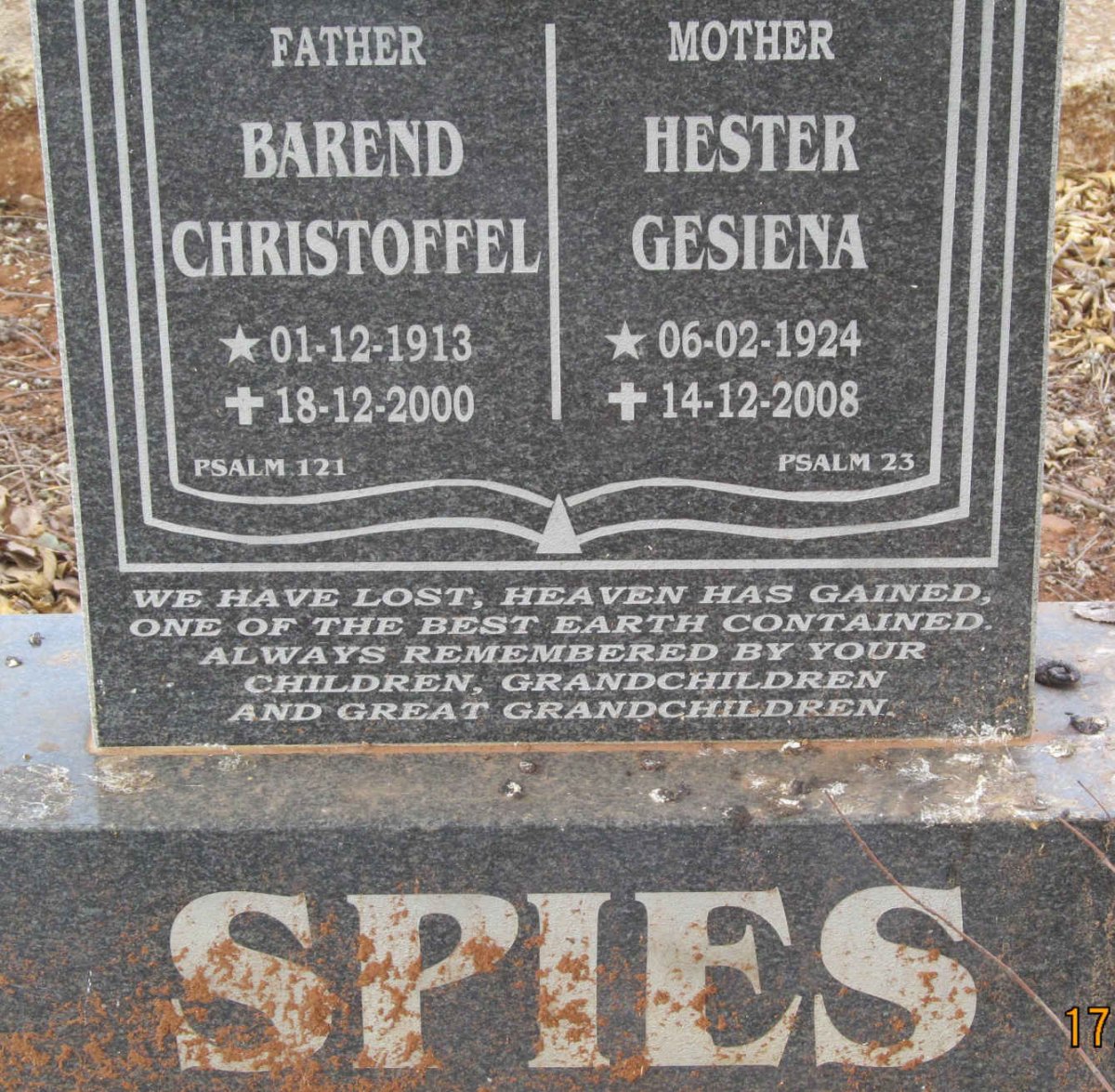SPIES Barend Christoffel 1913-2000 &amp; Hester Gesiena 1924-2008