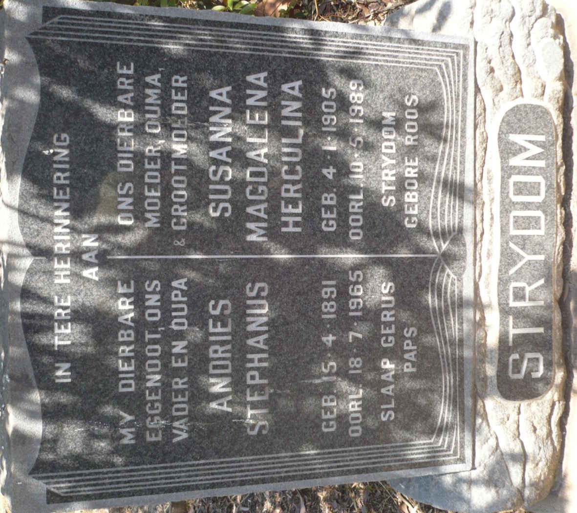 STRYDOM Andries Stephanus 1891-1965 &amp; Susanna Magdalena Herculina 1905-1989