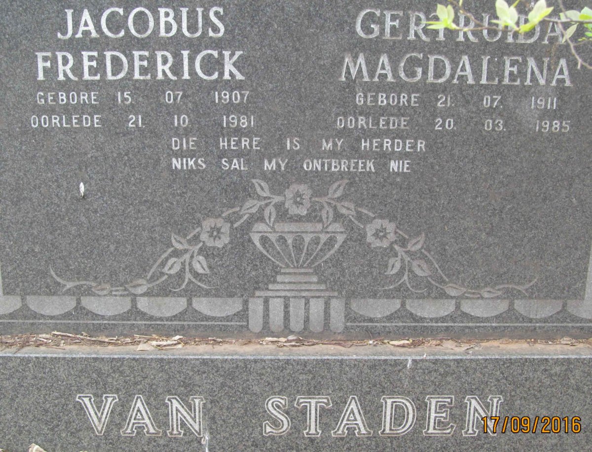 STADEN Jacobus Frederick, van 1907-1981 &amp; Gertruida Magdalena 1911-1985