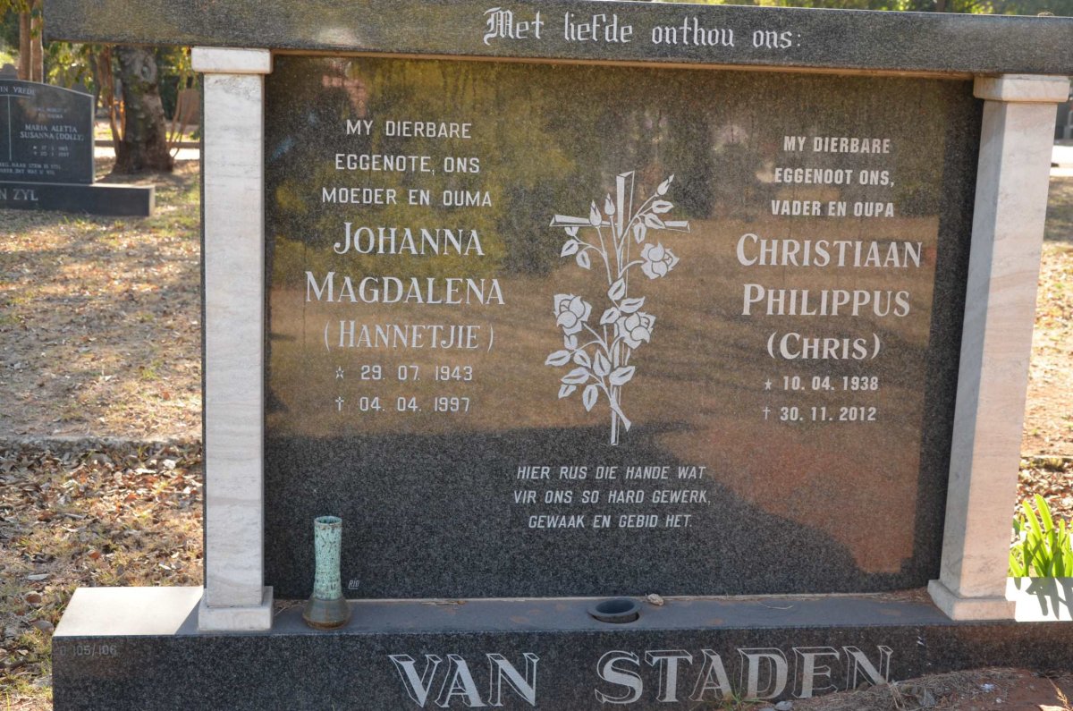 STADEN Christiaan Philippus, van 1938-2012 &amp; Johanna Magdalena 1943-1997