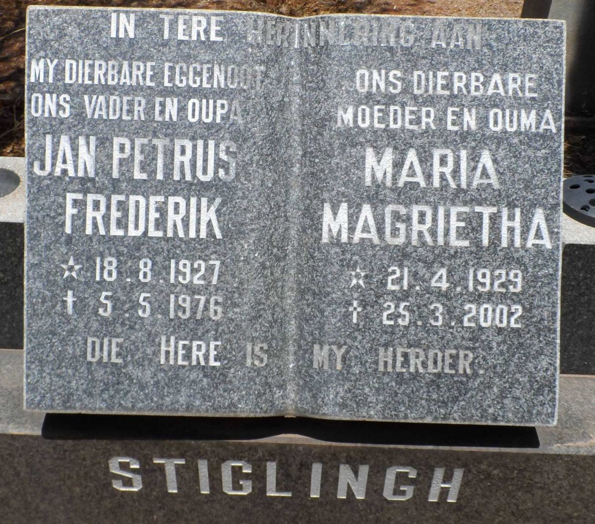 STIGLINGH Jan Petrus Frederik 1927-1976 &amp; Maria Magrietha 1929-2002