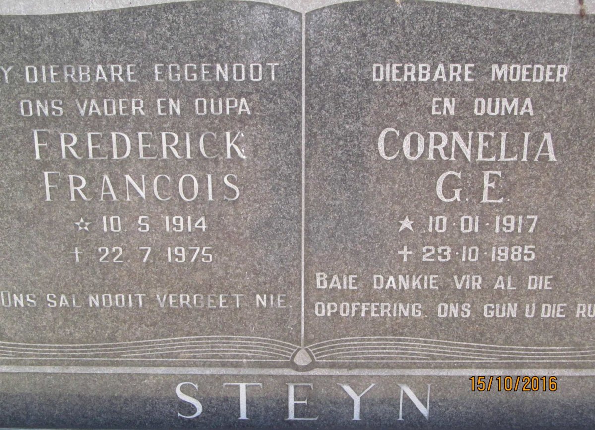 STEYN Frederick Francois 1914-1975 &amp; Cornelia G.E. 1917-1985