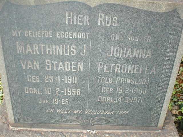 STADEN Marthinus J., van 1911-1958 &amp; Johanna Petronella PRINSLOO 1908-1971