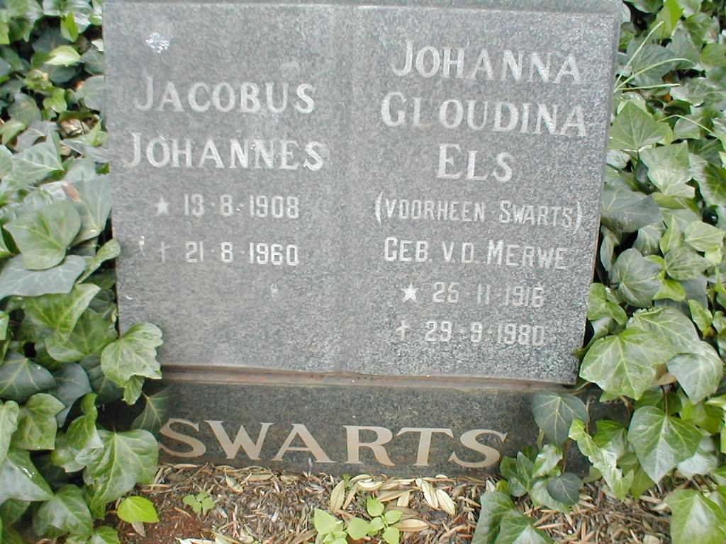 SWARTS Jacobus Johannes 1908-1960 &amp; Johanna Gloudina ELS formerly SWARTS  nee V.D. MERWE 1916-1980