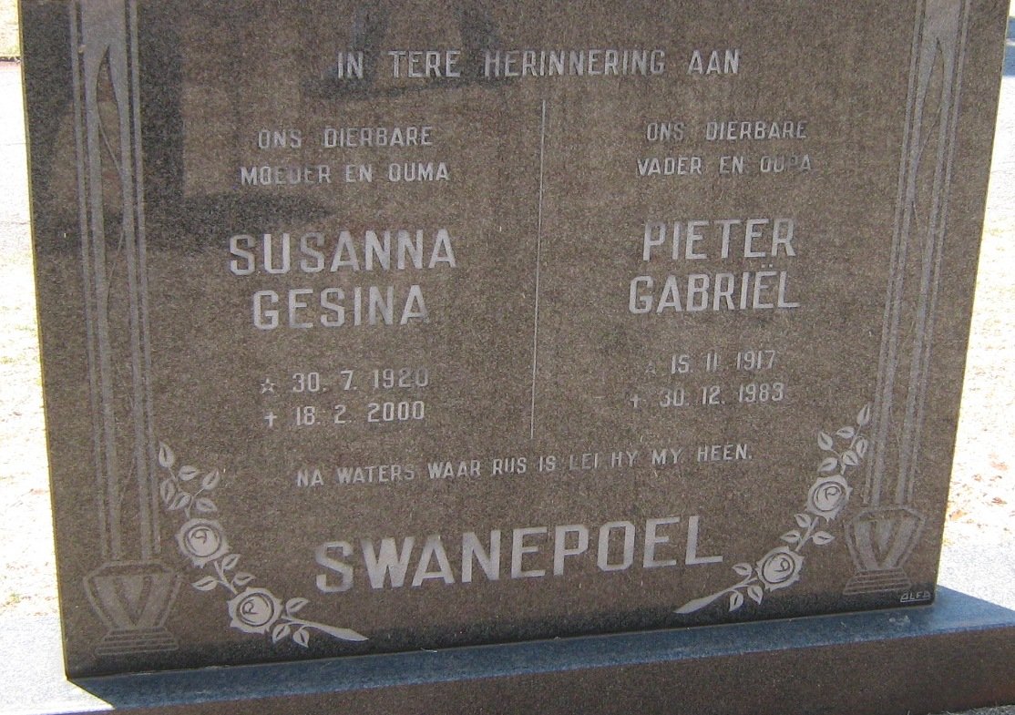 SWANEPOEL Pieter Gabriël 1917-1983 Susanna Gesina 1920-2000
