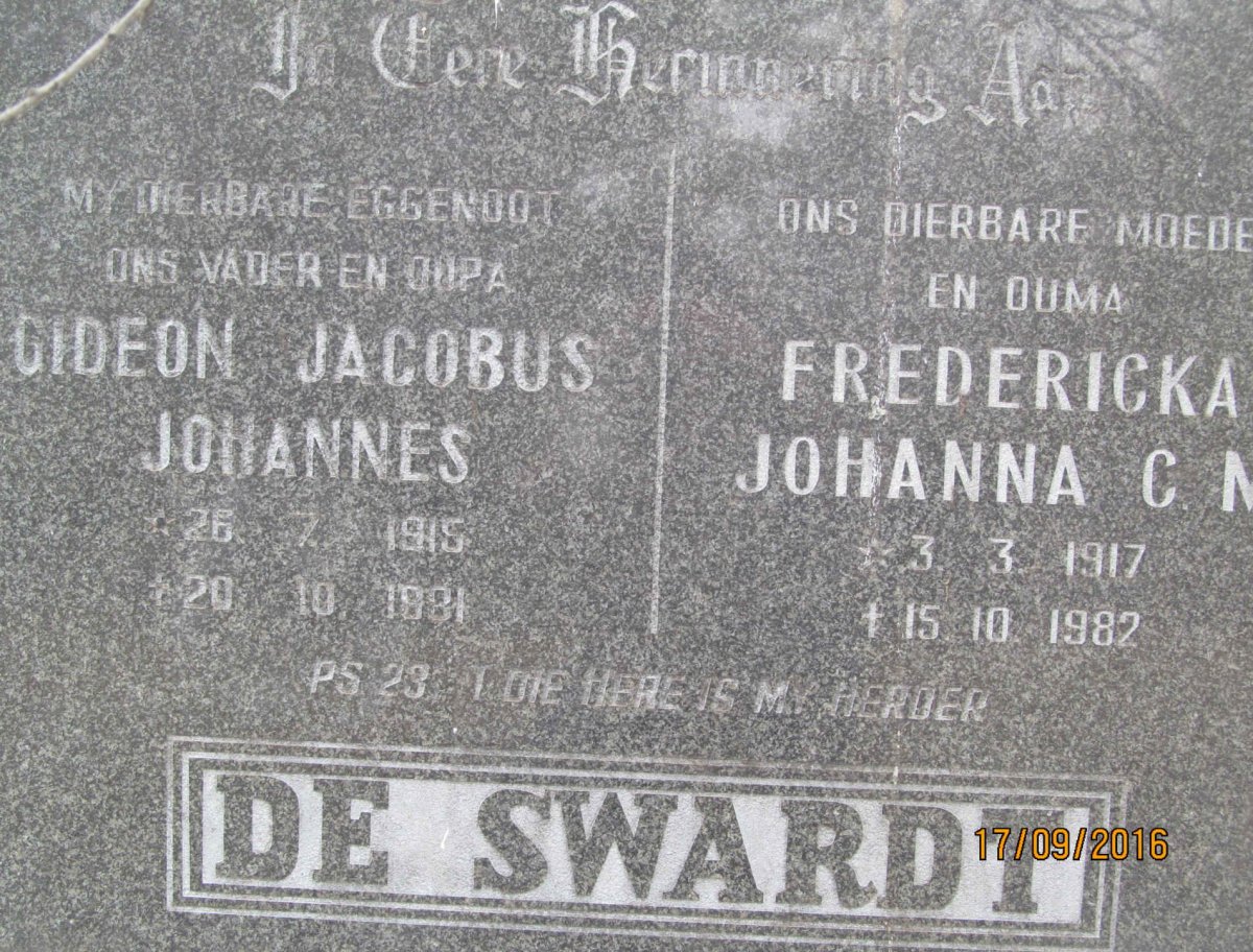 SWARDT Gideon Jacobus Johannes, de 1915-1981 &amp; Fredericka Johanna C.M 1917-1982