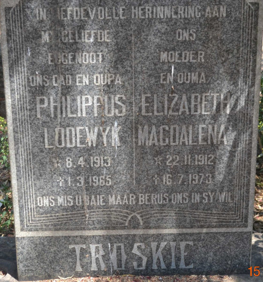 TROSKIE Philippus Lodewyk 1913-1965 &amp; Elizabeth Magdalena 1912-1973