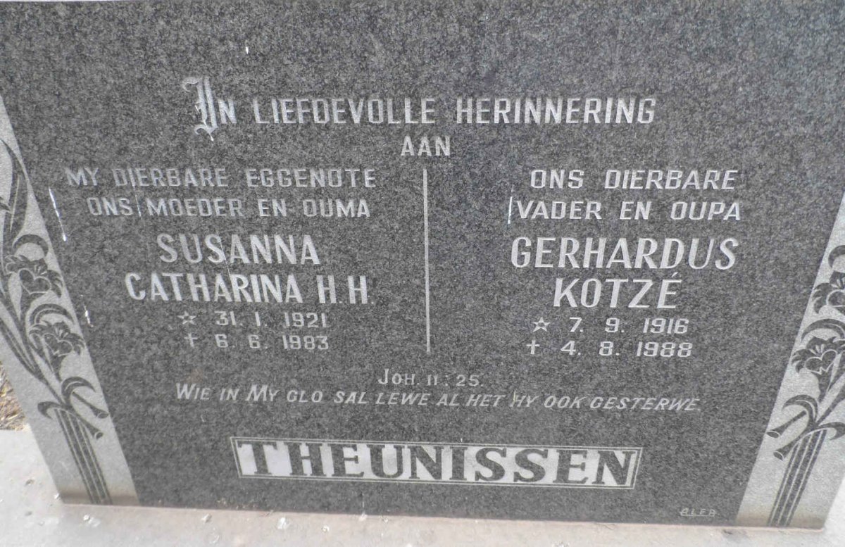 THEUNISSEN Gerhardus Kotzé 1916-1988 &amp; Susanna Catharina H.H. 1921-1983