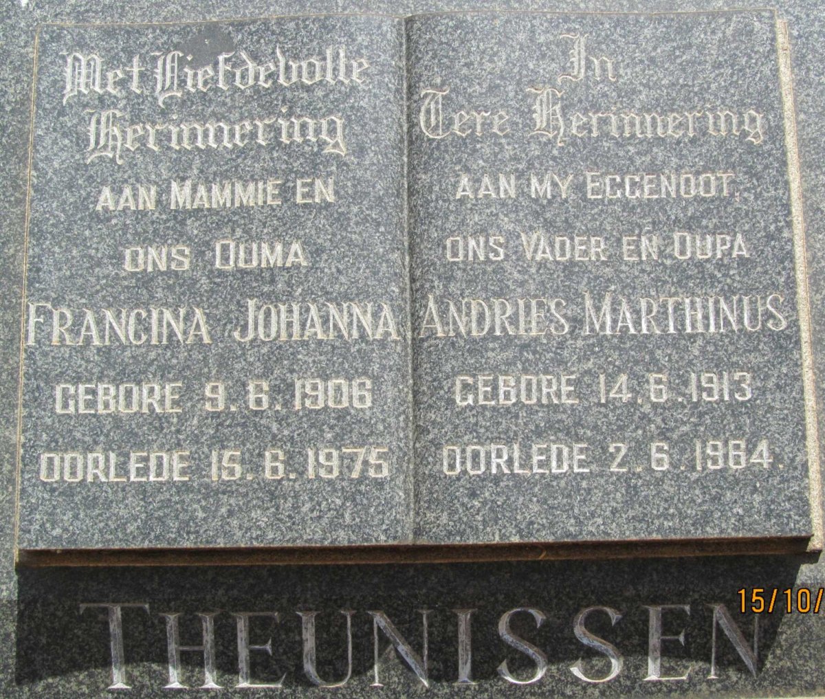THEUNISSEN Andries Marthinus 1913-1964 &amp; Francina Johanna 1906-1975