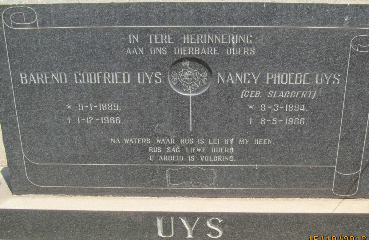 UYS Barend Godfried 1889-1966 &amp; Nancy Phoebe SLABBERT 1894-1966