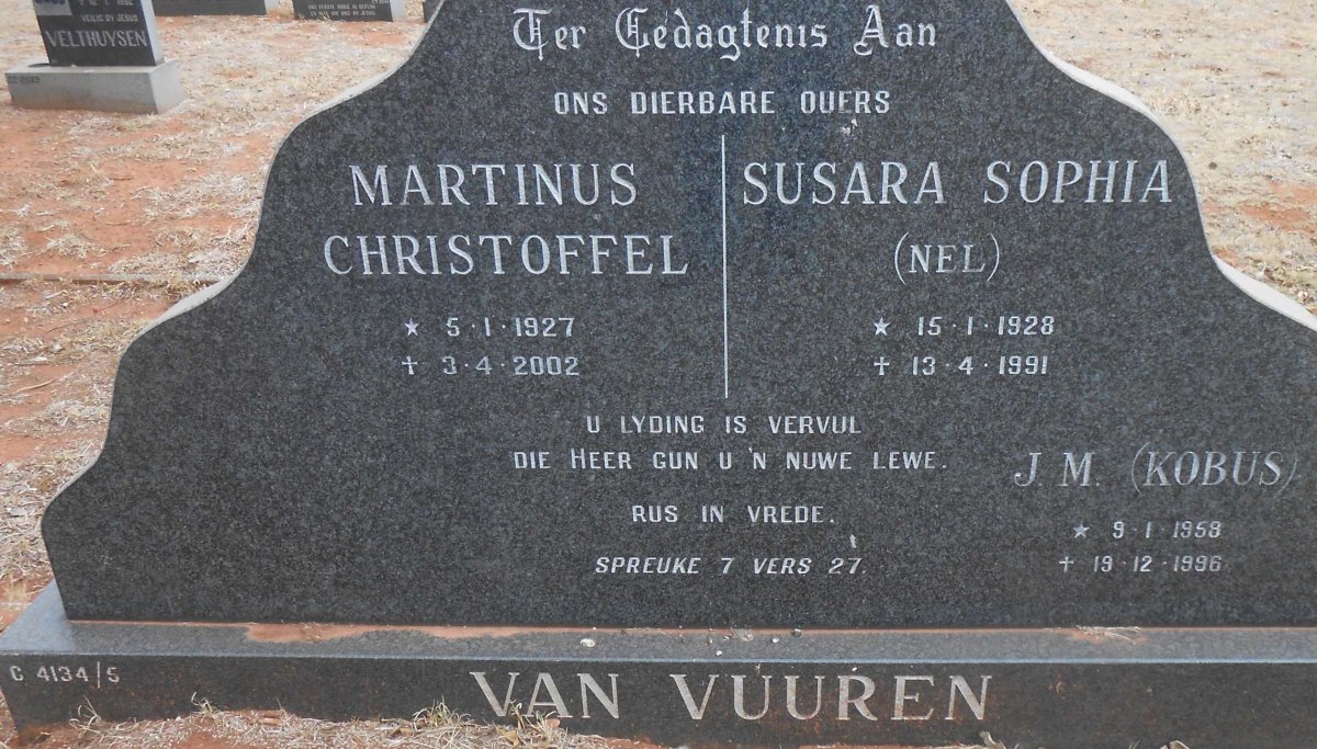 VUUREN Martinus Christoffel, van 1927-2002 &amp; Susara Sophia NEL 1928-1991 :: VAN VUUREN J.M. 1958-1996