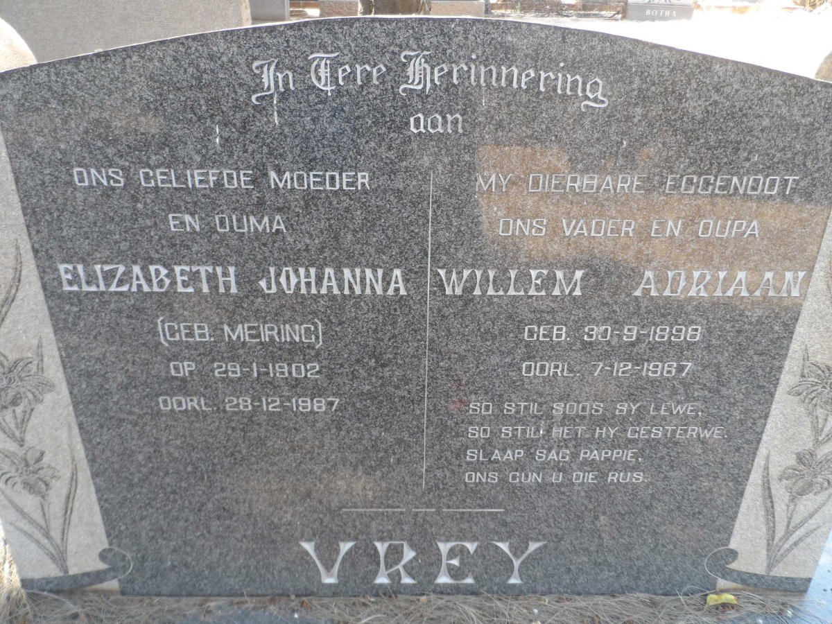 VREY Willem Adriaan 1898-1967 &amp; Elizabeth Johanna MEIRING 1902-1987