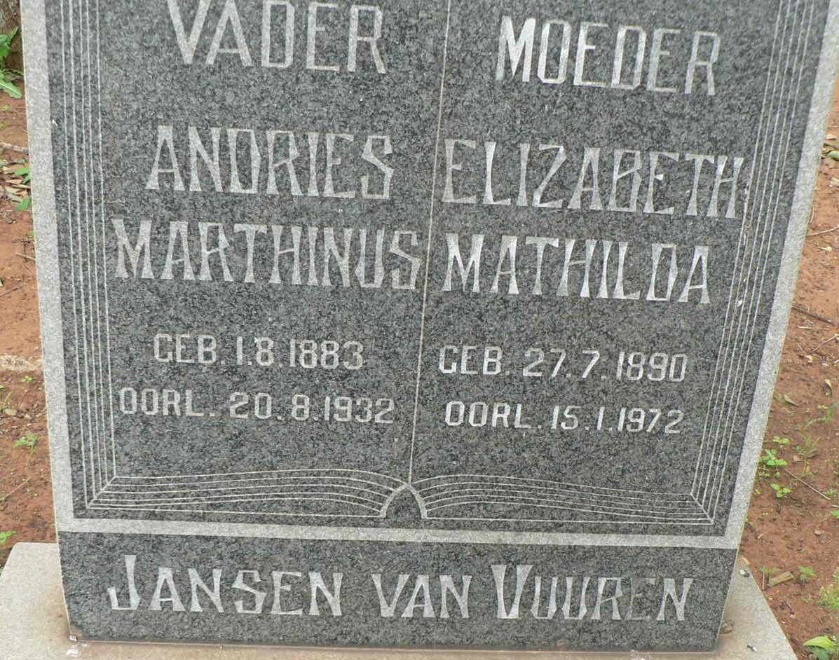 VUUREN Andries Marthinus, Jansen van 1883-1932 &amp; Elizabeth Mathilda 1890-1972