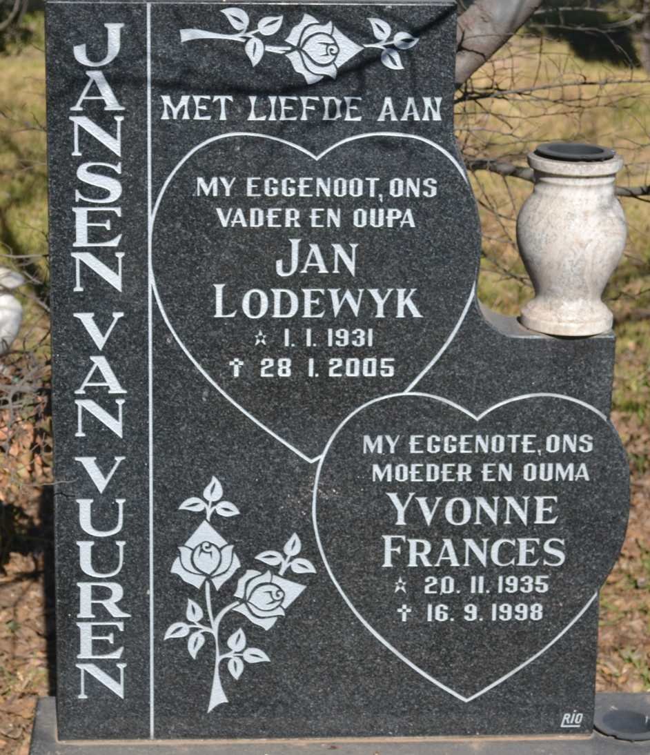 VUUREN Jan Lodewyk, Jansen van 1931-2005 &amp; Yvonne Frances 1935-1998
