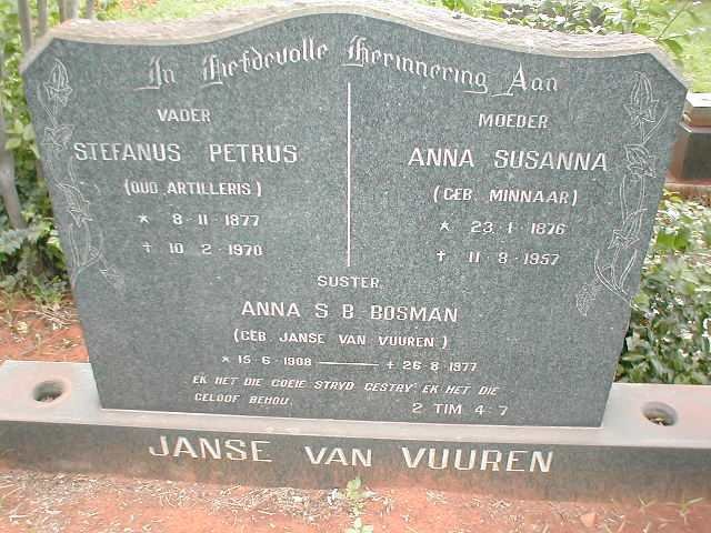 VUUREN Stephanus Petrus, Janse van 1877-1970 &amp; Anna Susanna nee MINNAAR 1876-1957