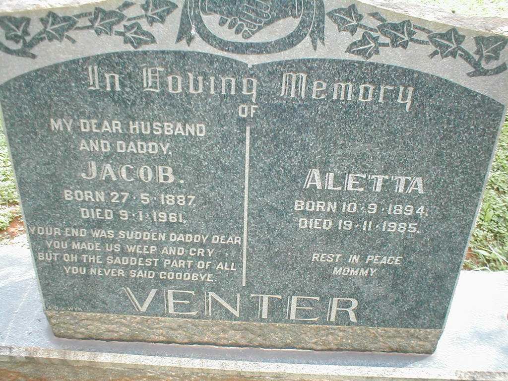 VENTER Jacob 1887-1961 &amp; Aletta 1894-1985