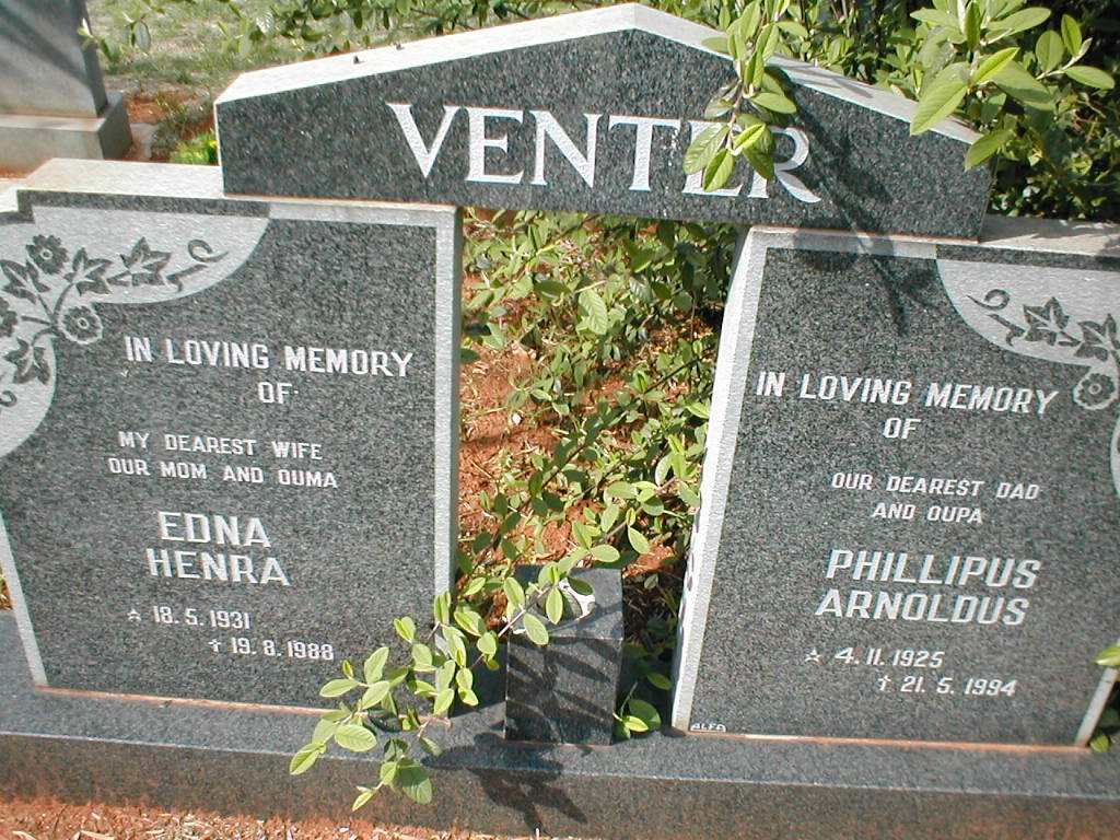 VENTER Phillipus Arnoldus 1925-1994 &amp; Edna Henra 1931-1988