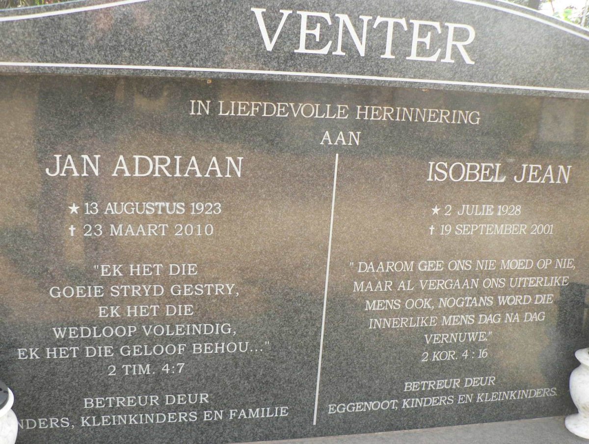 VENTER Jan Adriaan 1923-2010 &amp; Isobel Jean 1928-2001