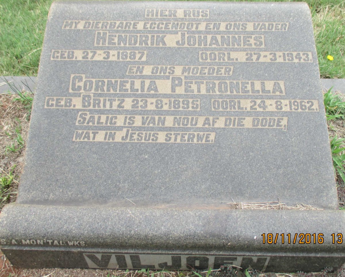 VILJOEN Hendrik Johannes 1887-1943 &amp; Cornelia Petronella BRITZ 1895-1962