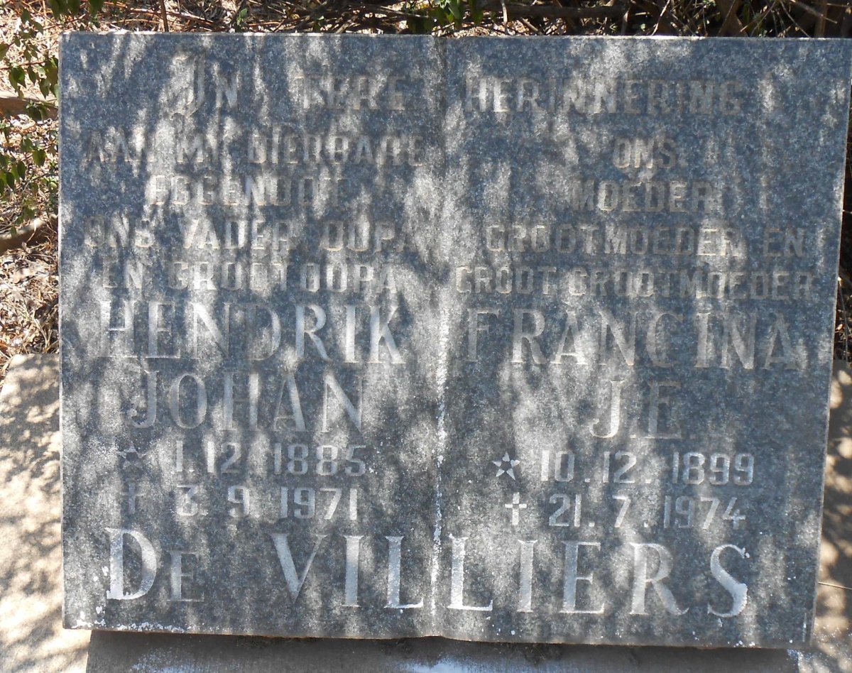 VILLIERS Hendrik Johan, de 1885-1971 &amp; Francina J.E. 1899-1974