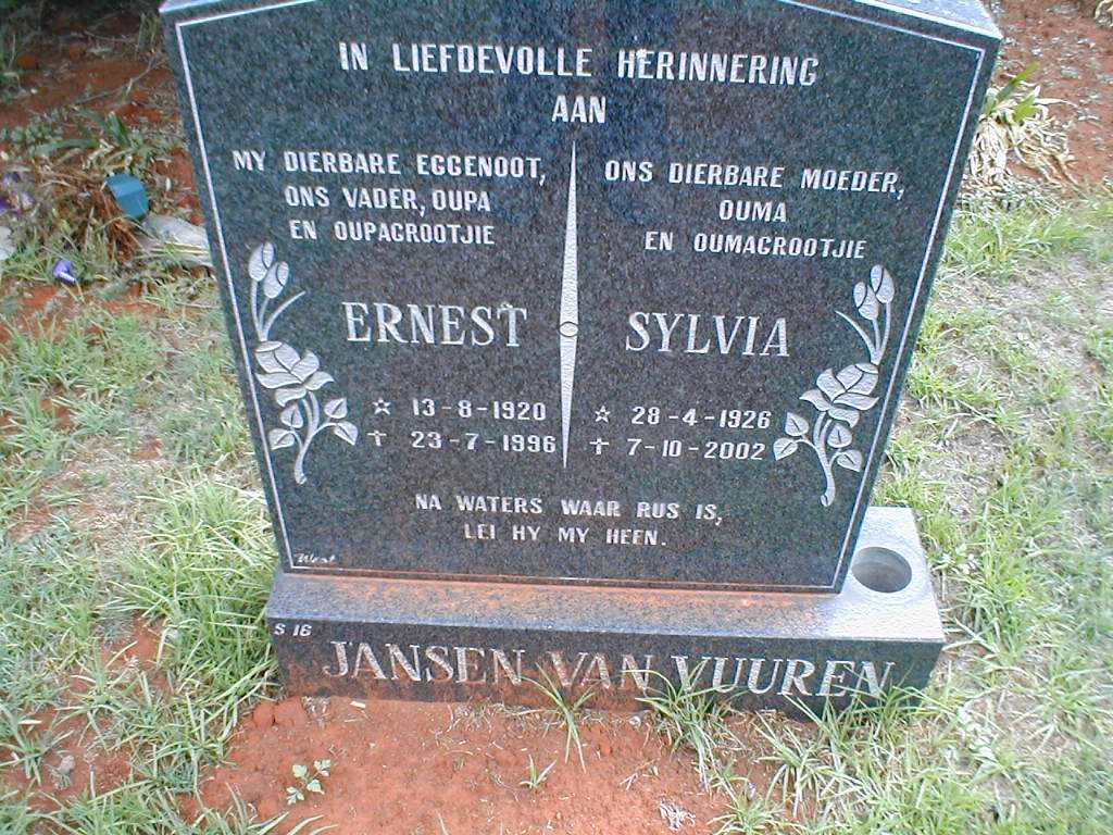 VUUREN Ernest, Jansen van 1920-1996 &amp; Sylvia 1926-2002