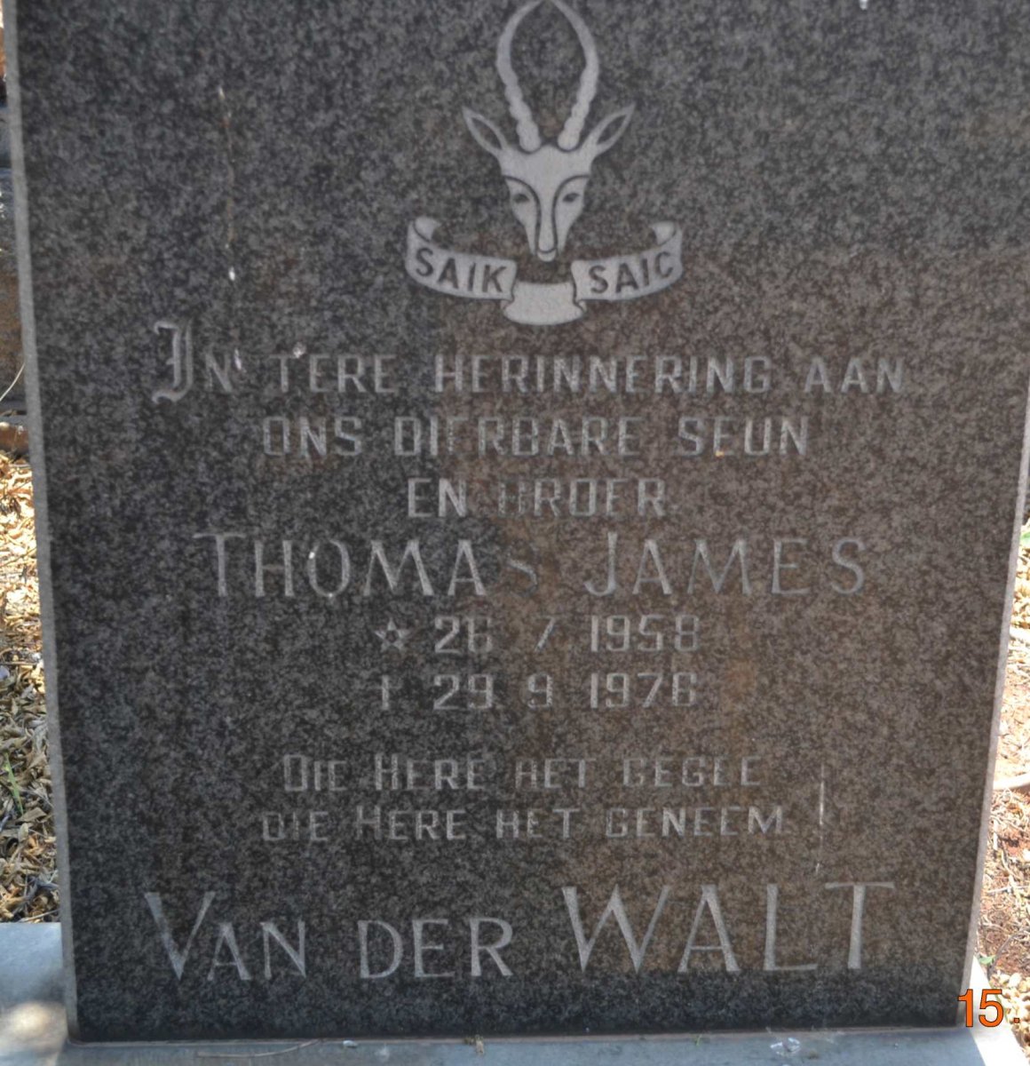 WALT Thomas James, van der 1958-1976