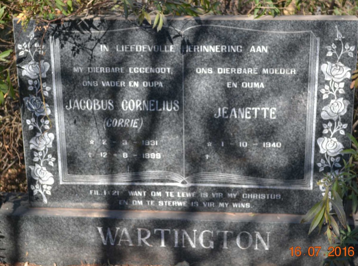 WARTINGTON Jacobus Cornelius 1931-1999 &amp; Jeanette 1940-