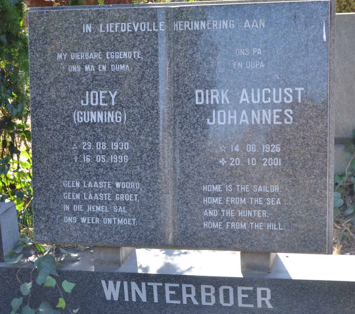 WINTERBOER Dirk August Johannes 1925-2001 &amp; Joey GUNNING 1930-1996