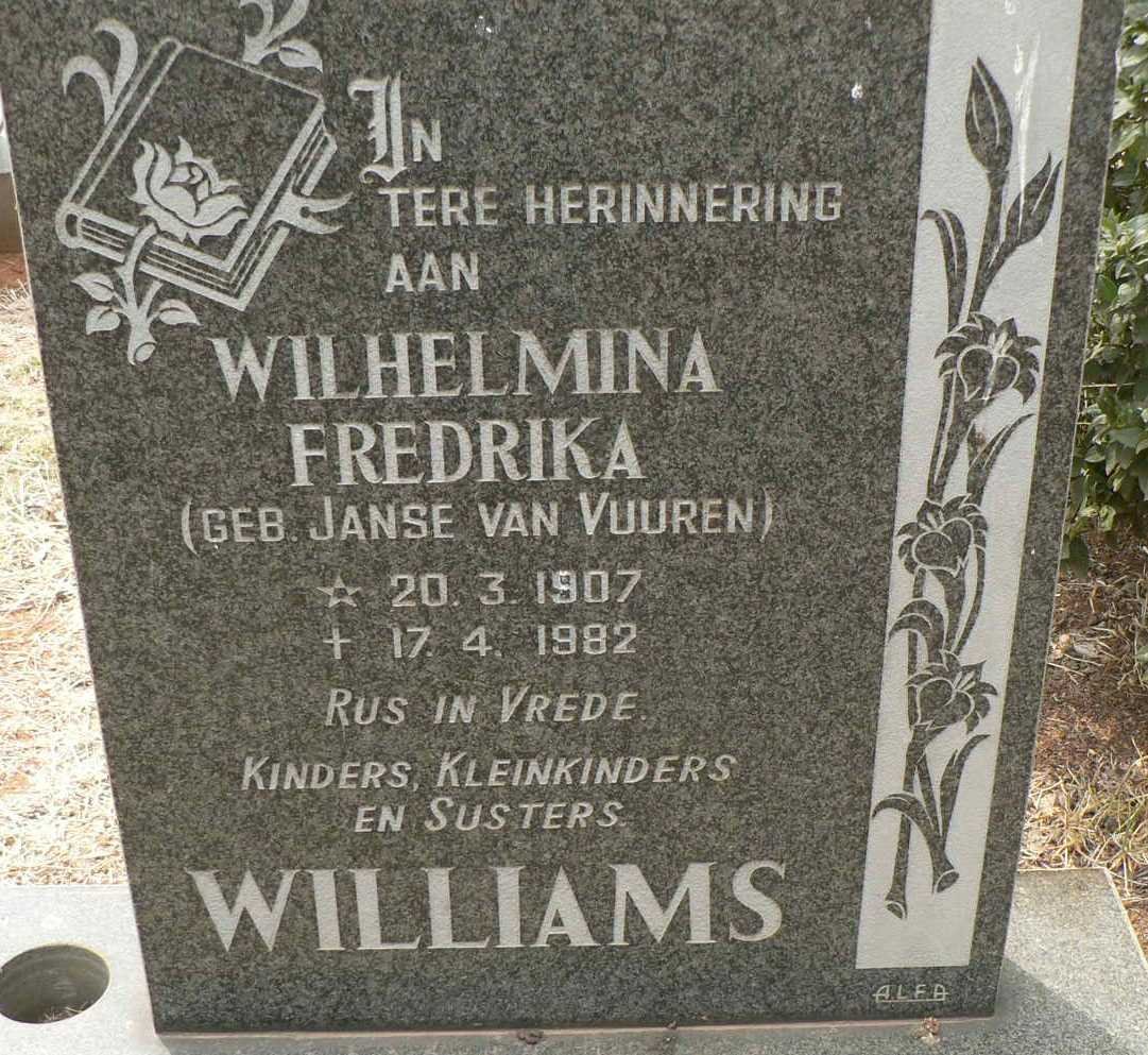 WILLIAMS Wilhelmina Fredrika nee JANSE VAN RENSBURG 1907-1982