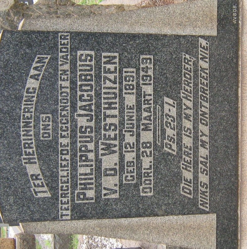 WESTHUIZEN Philippus Jacobus, v.d. 1891-1949
