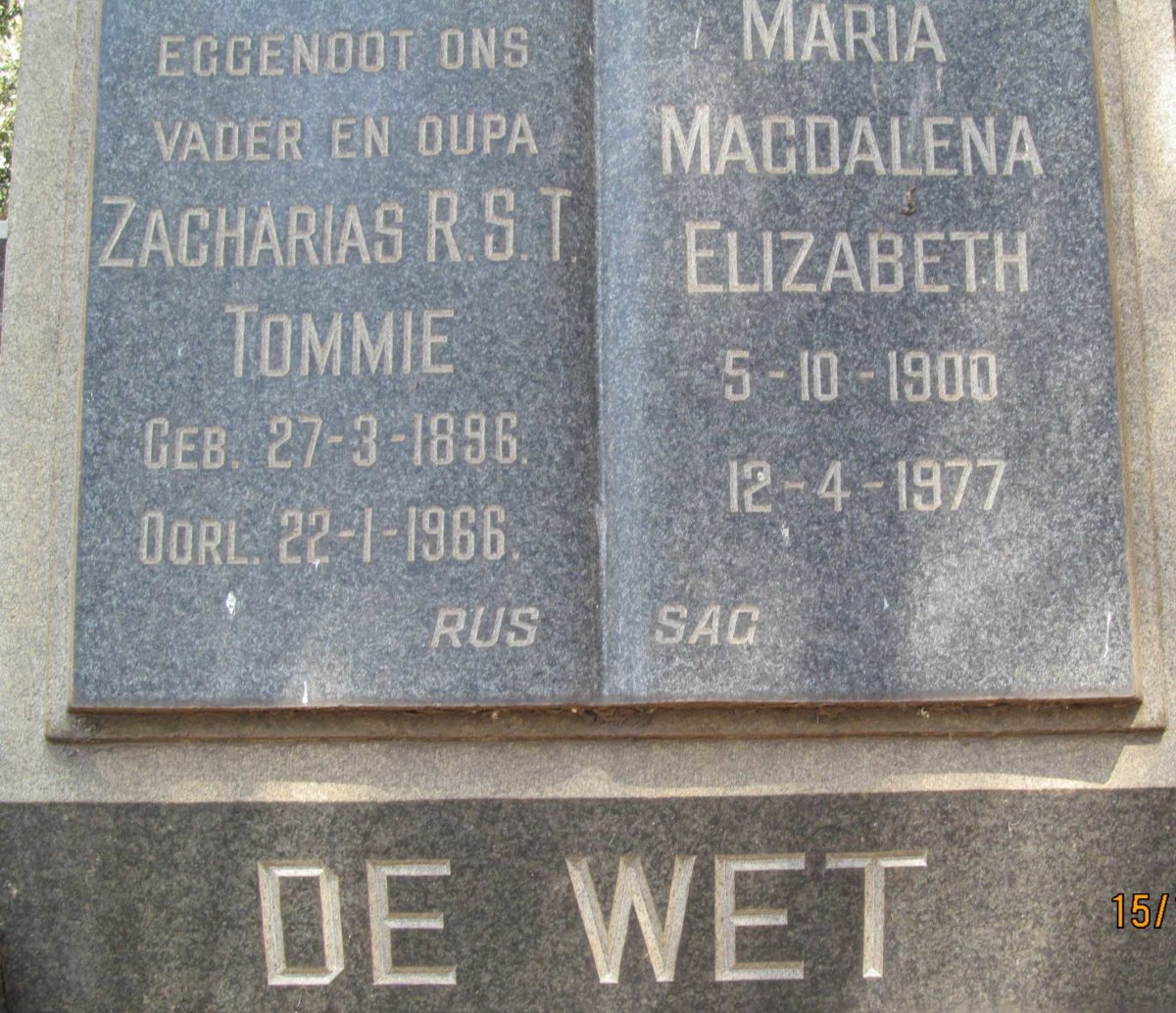 WET Zacharias R.S.T., de 1896-1966 &amp; Maria Magdalena Elizabeth 1900-1977