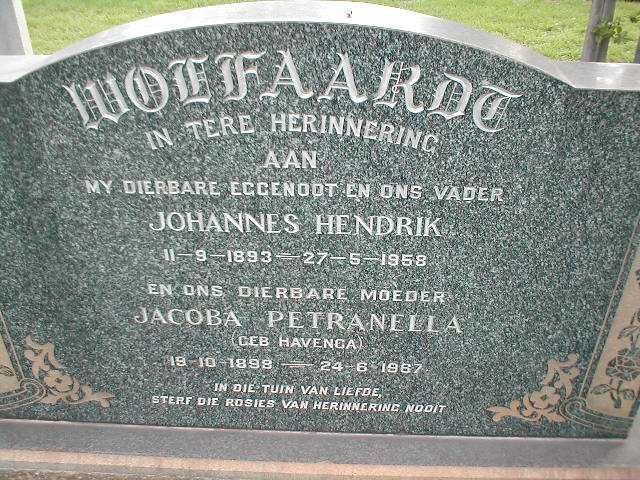 WOLFAARDT Johannes Hendrik 1893-1958 &amp; Jacoba Petranella HAVENGA 1898-1967