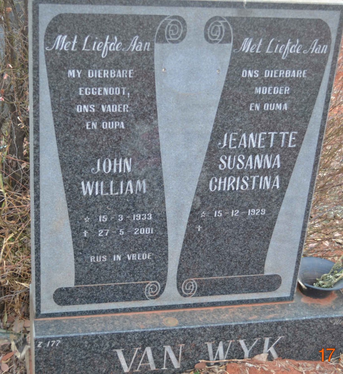 WYK John William, van 1933-2001 &amp; Jeanette Susanna Christina 1929-