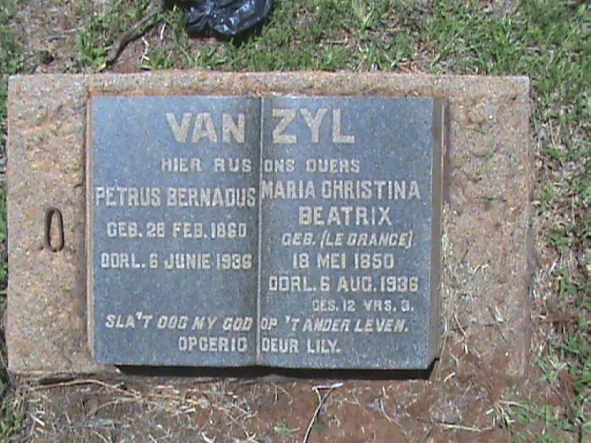 ZYL Petrus Bernardus, van 1860-1936 &amp; Maria Christina Beatrix LE GRANGE 1850-1936