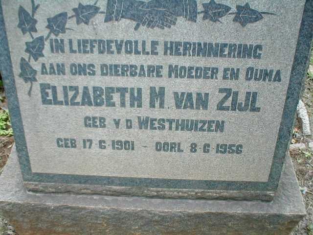 ZIJL Elizabeth M., van nee V.D. WESTHUIZEN 1901-1956