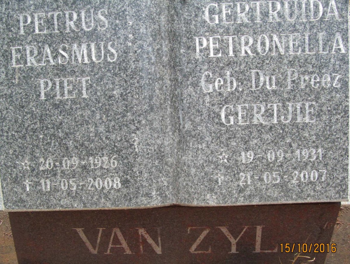 ZYL Petrus Erasmus, van 1926-2008 &amp; Gertruida Petronella DU PREEZ 1931-2007
