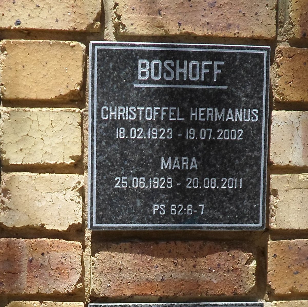 BOSHOFF Christoffel Hermanus 1923-2002 &amp; Mara 1929-2011