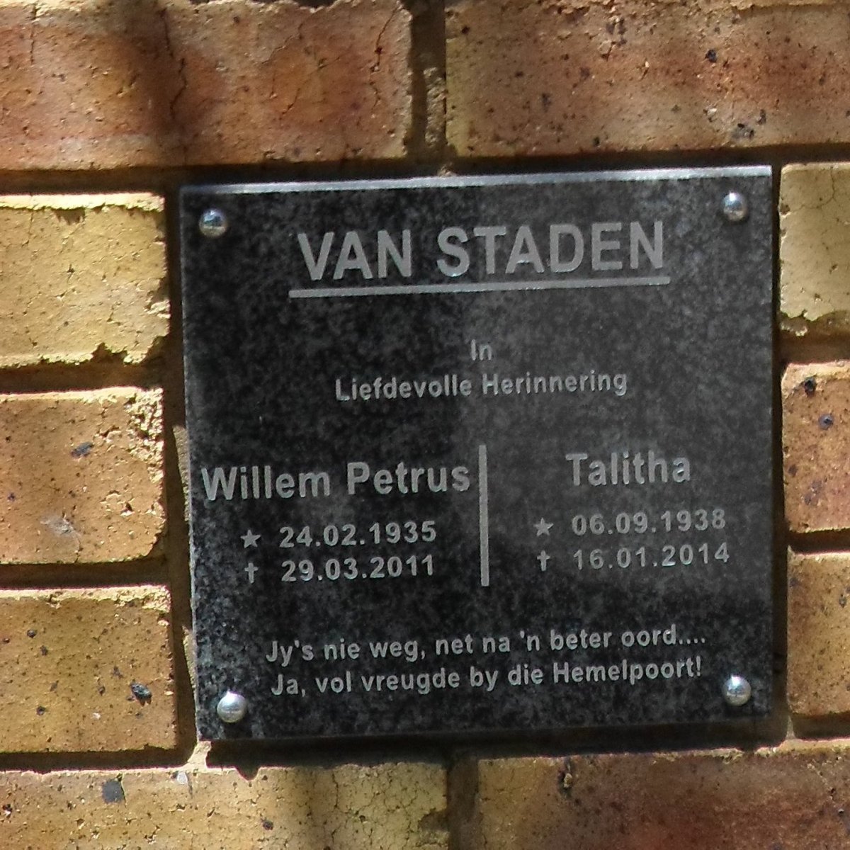 STADEN Willem Petrus, van 1935-2011 &amp; Talitha 1938-2014