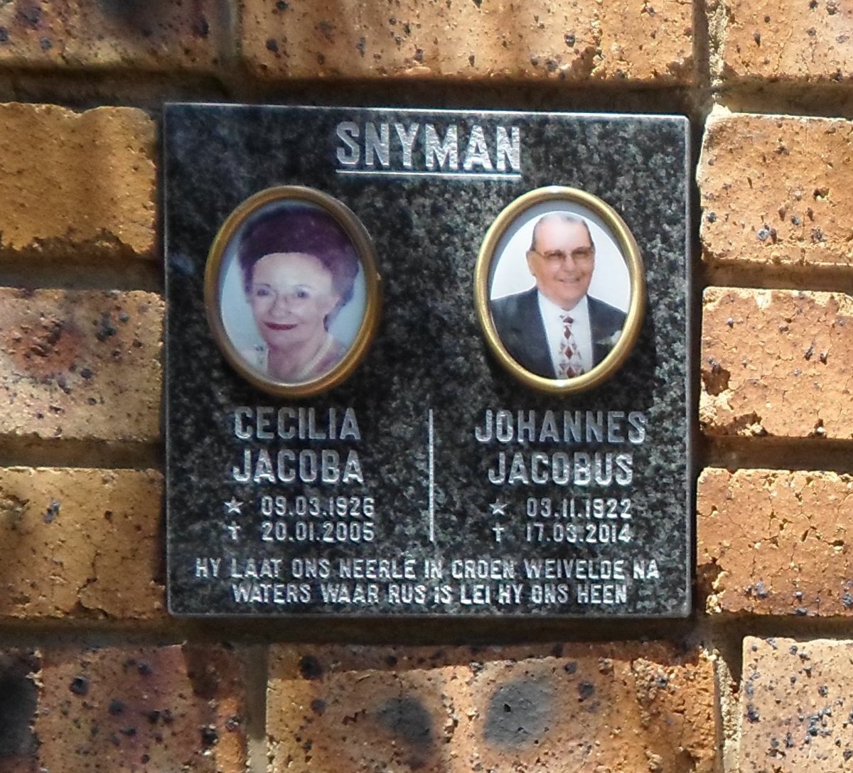 SNYMAN Johannes Jacobus 1922-2014 &amp; Cecilia Jacoba 1926-2005